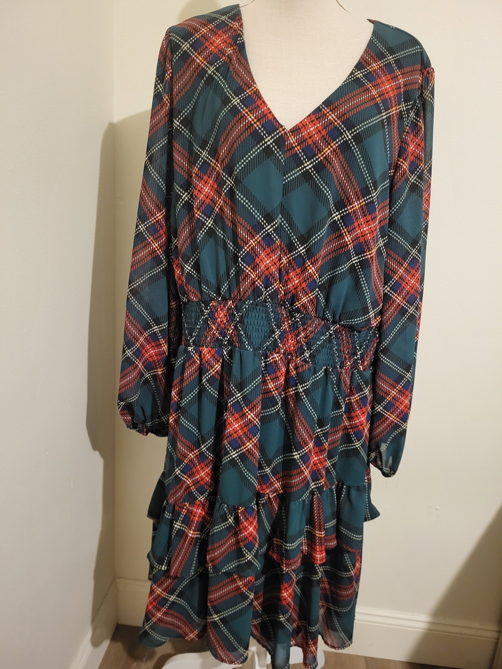 Womens Green and Red Plaid V‑Neck Tiered Long Sleeve Dress Festive